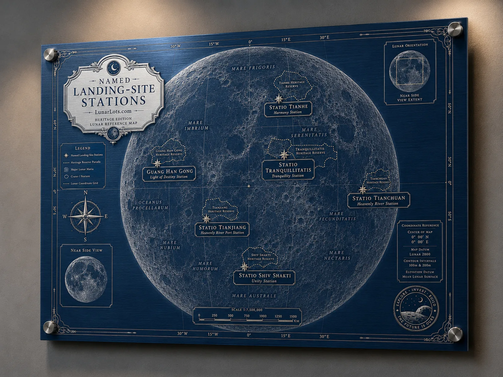Blue anodized aluminum lunar map, laser etched, mounted on a wall with stainless standoffs